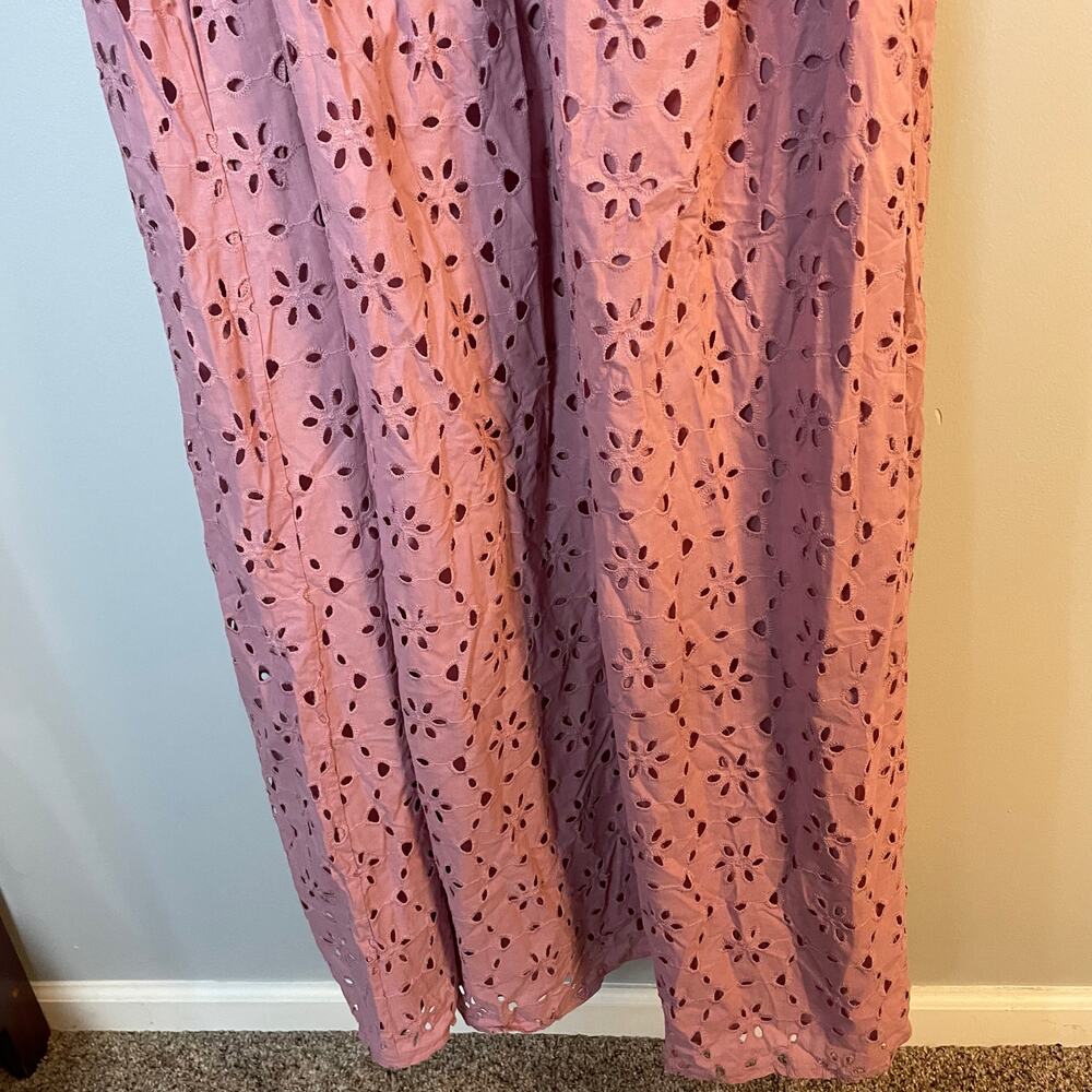 NWT Eloquii Eyelet Detail Tie Front Puff Sleeve Maxi Dress Pink Mauve SZ 28 NEW - Picture 11 of 16